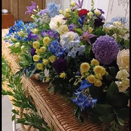 Delphinium and Hydrangea Casket Spray